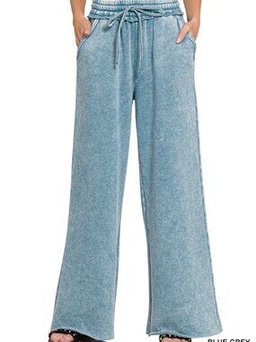 Acid Wash Fleece Palazzo Sweatpants With Pockets-blue grey